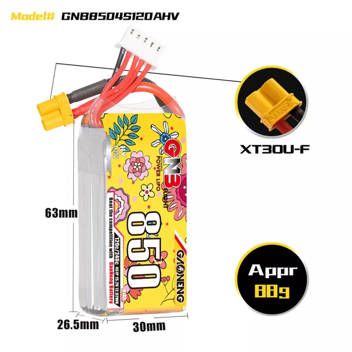 Аккумулятор GNB 4S HV 15.2V 850mAh 120C/240C для дрона с разъёмом XT30 Аккумулятор GNB 4S HV 15.2V 850mAh 120C/240C для дрона с разъёмом XT30