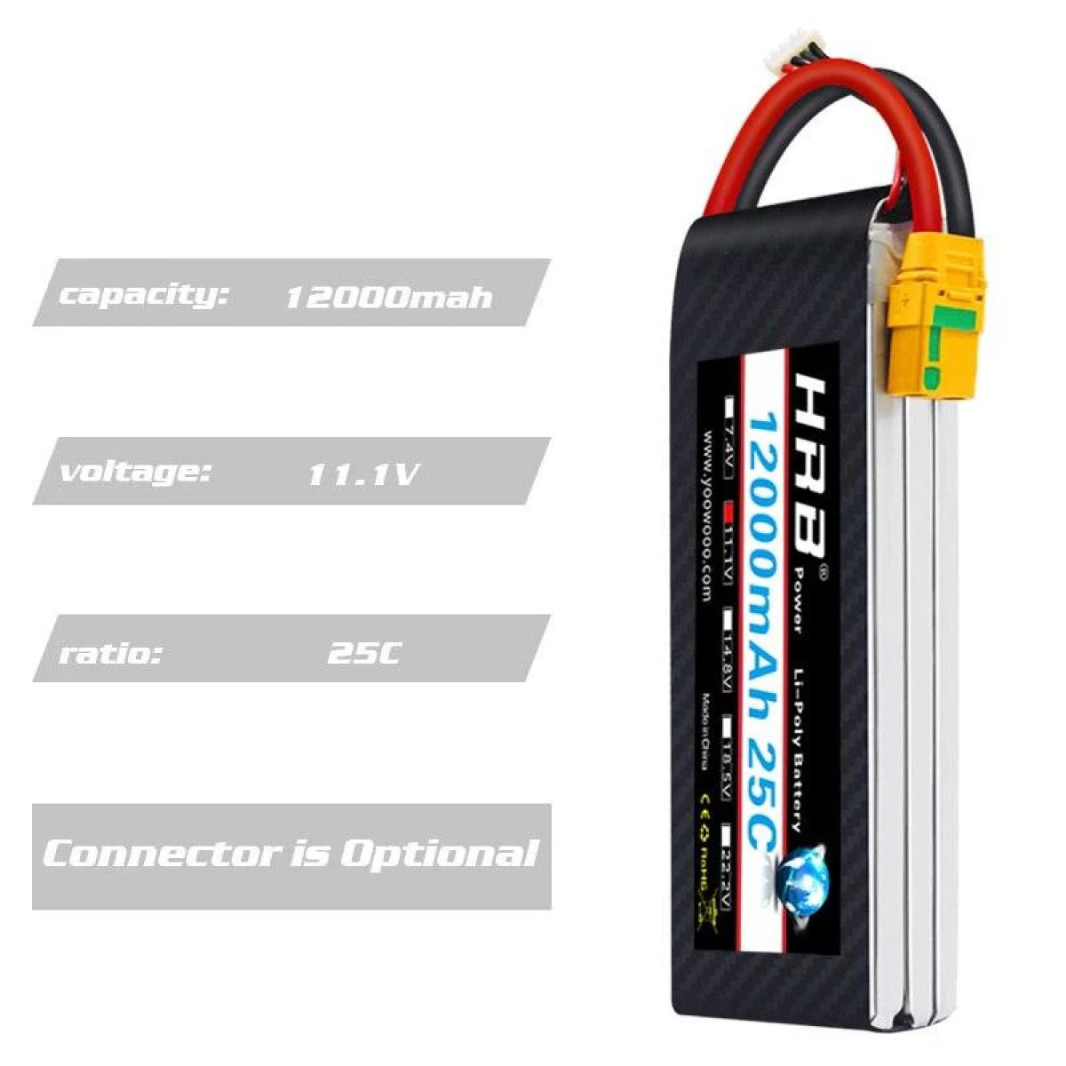 Аккумулятор HRB Lipo 3S 11.1В 12000мАч 25C XT60/T/EC2/EC3/EC5/XT90/XT30 для RC авто, лодок, дронов Аккумулятор HRB Lipo 3S 11.1В 12000мАч 25C XT60/T/EC2/EC3/EC5/XT90/XT30 для RC авто, лодок, дронов