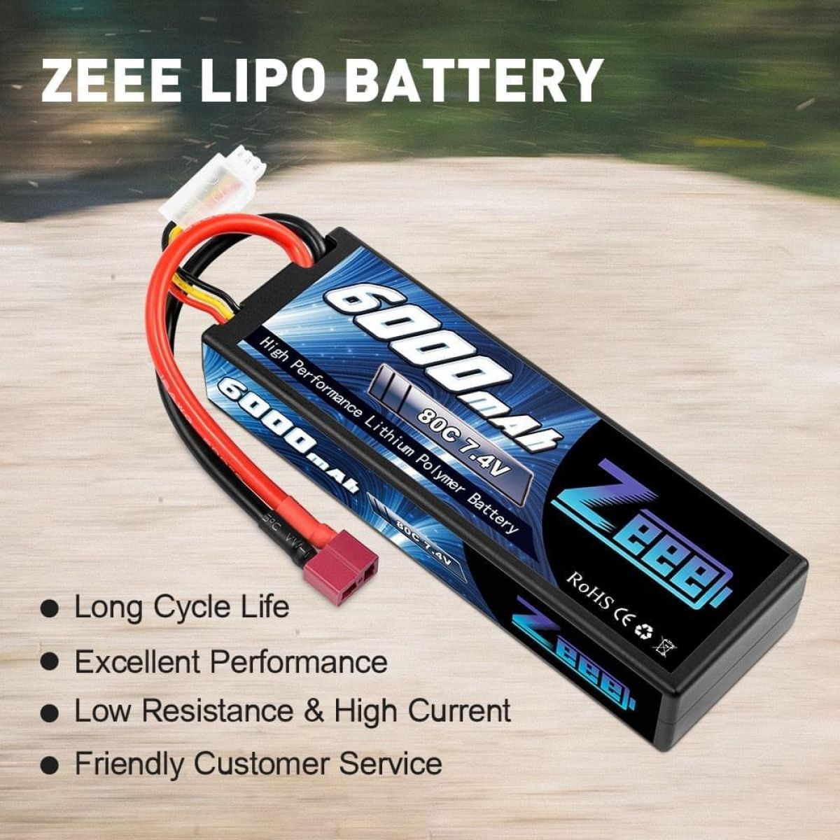 Аккумулятор Zeee 2S 6000mAh 80C 7.4V с разъемом Deans, жесткий кейс для RC моделей и FPV дронов Аккумулятор Zeee 2S 6000mAh 80C 7.4V с разъемом Deans, жесткий кейс для RC моделей и FPV дронов