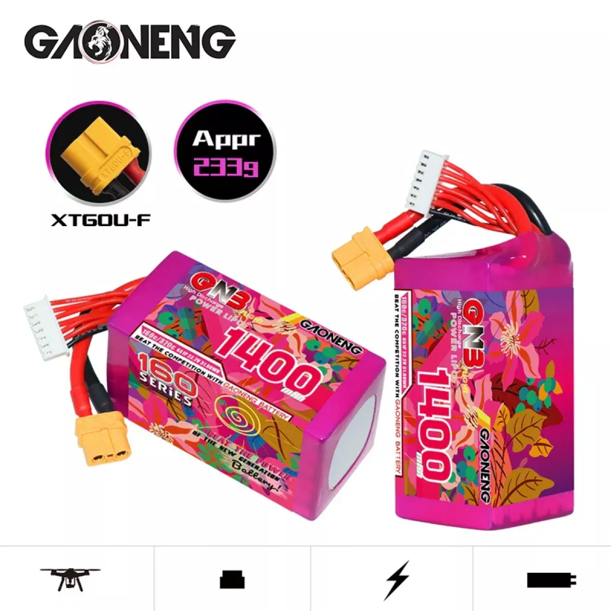 Аккумулятор LiPo 2шт GNB 6S 22.2В 1400мАч 160C/320C для гоночных дронов Аккумулятор LiPo 2шт GNB 6S 22.2В 1400мАч 160C/320C для гоночных дронов
