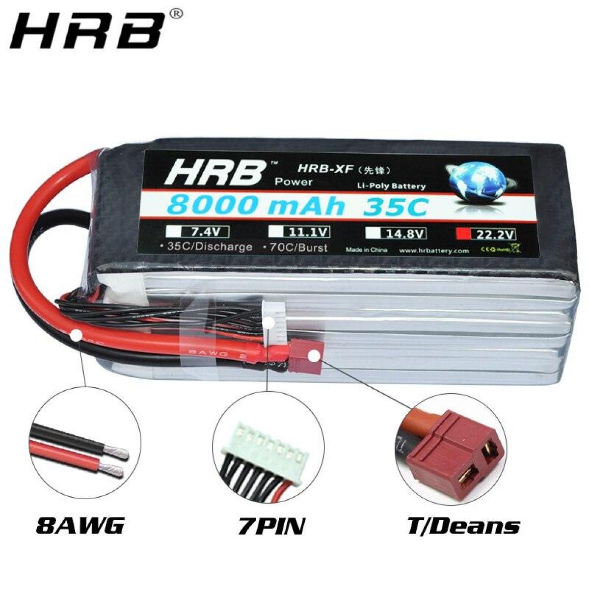 HRB 22.2V 8000mAh LiPo аккумулятор 6S XT60 EC5 XT90 Deans T XT150 AS150 35C для FPV дрона, авто, лодки HRB 22.2V 8000mAh LiPo аккумулятор 6S XT60 EC5 XT90 Deans T XT150 AS150 35C для FPV дрона, авто, лодки