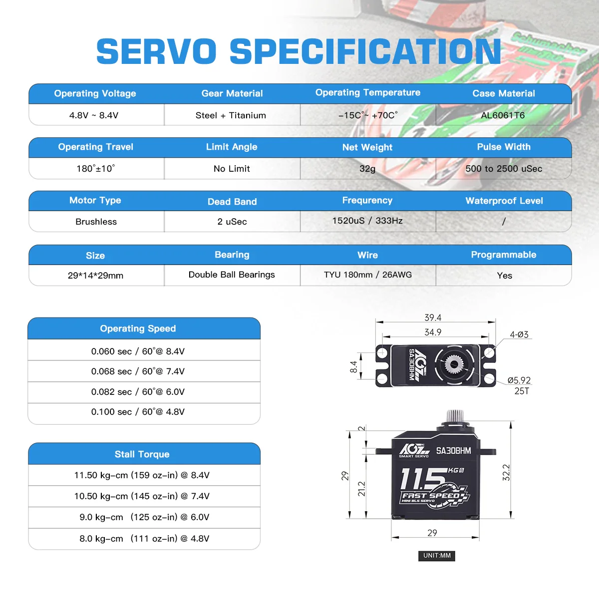 AGFRC SA30BHM — 11,5 кг HV программируемый бесколлекторный мини-серво для RC авто 1/12 1/16 AGFRC SA30BHM — 11,5 кг HV программируемый бесколлекторный мини-серво для RC авто 1/12 1/16