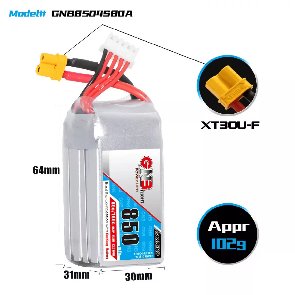 Аккумулятор GNB 4S 14.8V 850mAh 80C/160C LiPo для FPV гоночных дронов Аккумулятор GNB 4S 14.8V 850mAh 80C/160C LiPo для FPV гоночных дронов