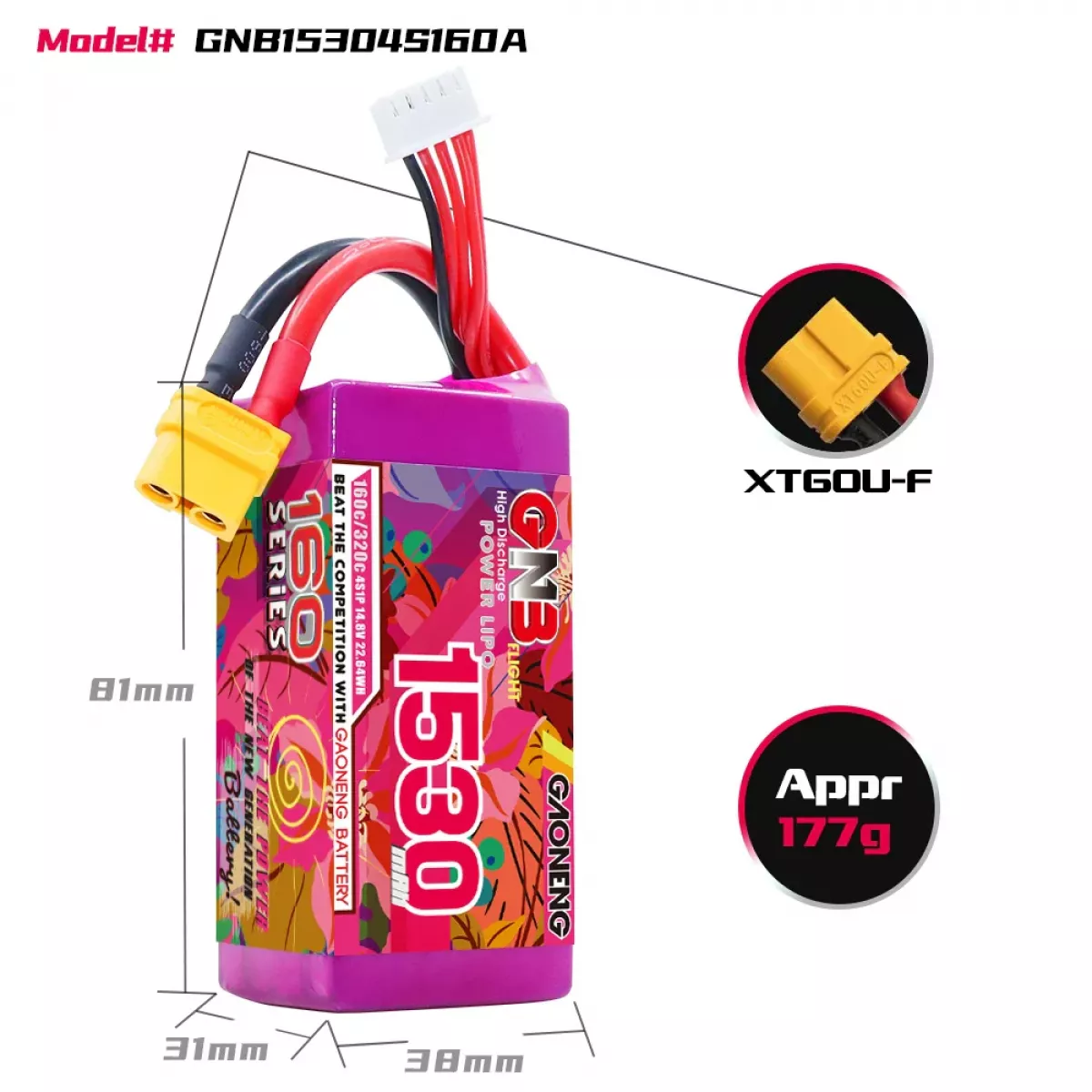 Аккумулятор GNB Lipo 4S/6S/8S 14.8В/22.2В/29.6В 1530мАч 160C с разъёмом XT60 для дронов Аккумулятор GNB Lipo 4S/6S/8S 14.8В/22.2В/29.6В 1530мАч 160C с разъёмом XT60 для дронов