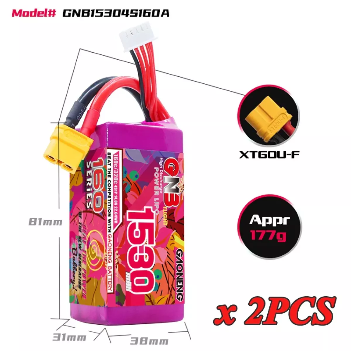 Аккумулятор GNB Lipo 4S/6S/8S 14.8В/22.2В/29.6В 1530мАч 160C с разъёмом XT60 для дронов Аккумулятор GNB Lipo 4S/6S/8S 14.8В/22.2В/29.6В 1530мАч 160C с разъёмом XT60 для дронов