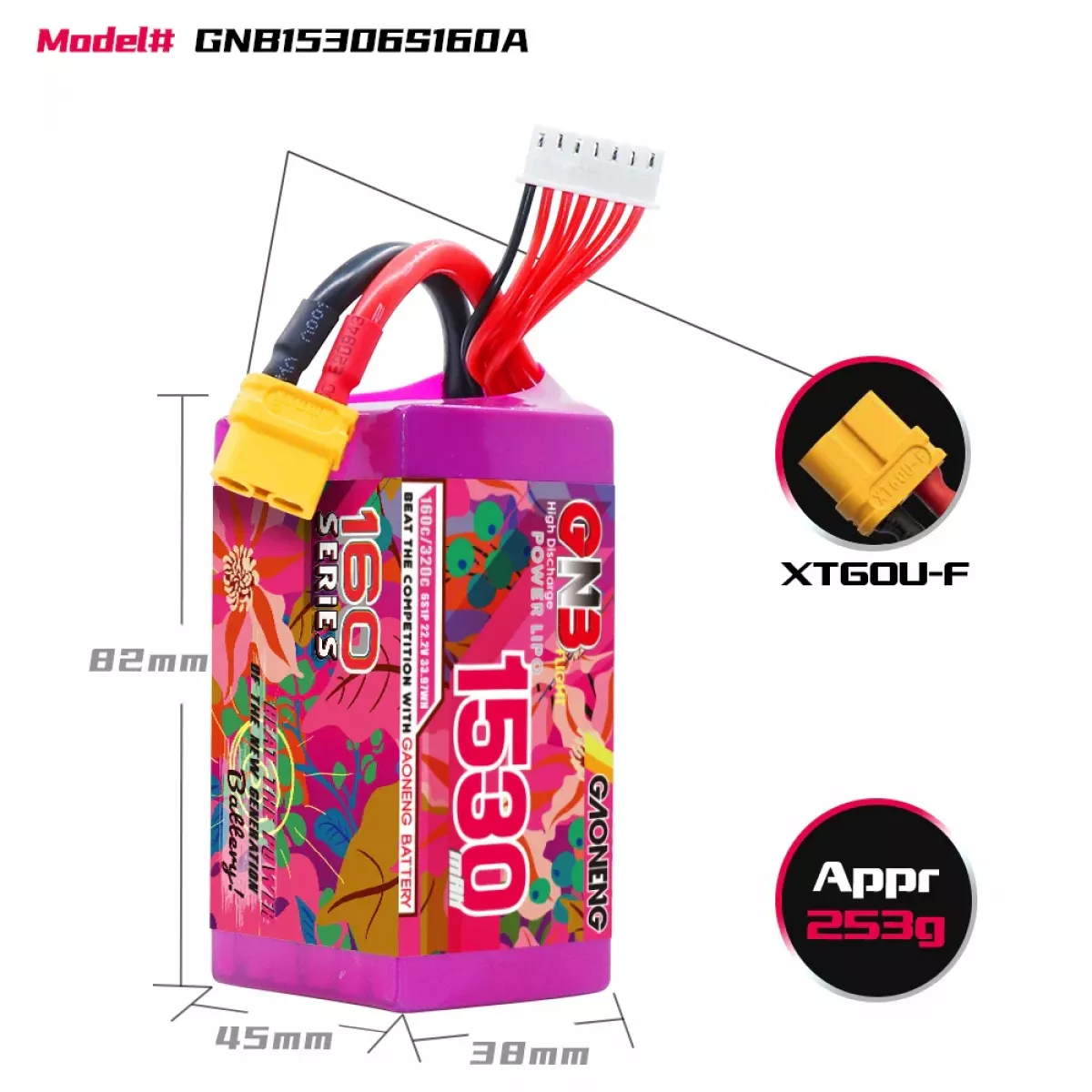 Аккумулятор GNB Lipo 4S/6S/8S 14.8В/22.2В/29.6В 1530мАч 160C с разъёмом XT60 для дронов Аккумулятор GNB Lipo 4S/6S/8S 14.8В/22.2В/29.6В 1530мАч 160C с разъёмом XT60 для дронов