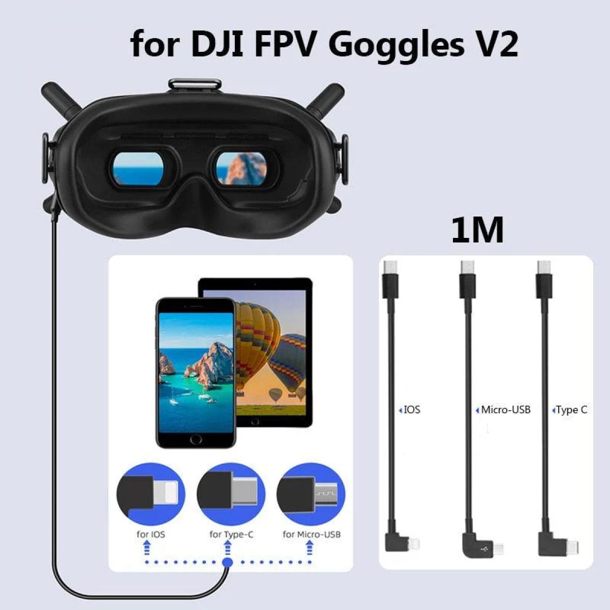 Кабель 1м для DJI FPV Goggles V2 — Micro-USB Type-C iOS, передача данных для телефона и планшета Кабель 1м для DJI FPV Goggles V2 — Micro-USB Type-C iOS, передача данных для телефона и планшета