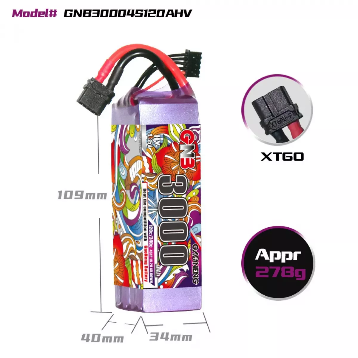 Аккумулятор GNB 4S HV 15.2V 3000мАч 120C/240C LiPo для дрона с разъёмами XT60/XT90 Аккумулятор GNB 4S HV 15.2V 3000мАч 120C/240C LiPo для дрона с разъёмами XT60/XT90