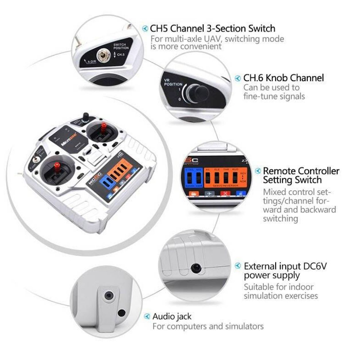 MicroZone MC6C V2 - 2.4G 6CH пульт передатчик/приёмник для RC самолёта, дрона, вертолёта, авто, лодки MicroZone MC6C V2 - 2.4G 6CH пульт передатчик/приёмник для RC самолёта, дрона, вертолёта, авто, лодки
