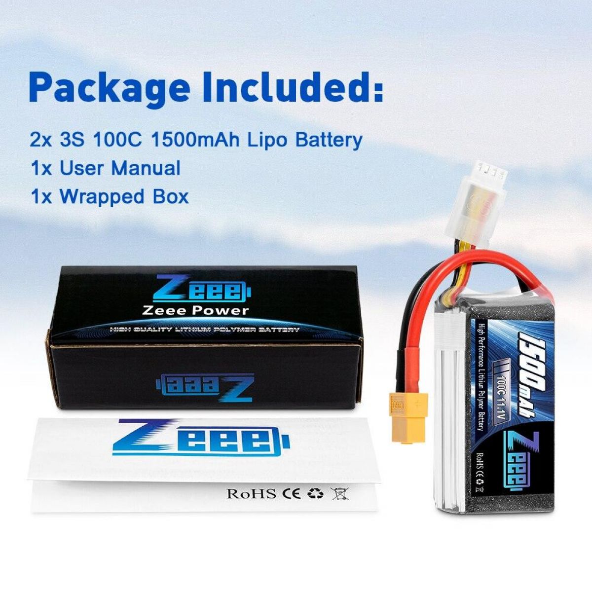 2шт Zeee 11.1V 1500mAh 100C 3S Lipo аккумулятор XT60 для квадрокоптера, RC авто, FPV, самолёта 2шт Zeee 11.1V 1500mAh 100C 3S Lipo аккумулятор XT60 для квадрокоптера, RC авто, FPV, самолёта