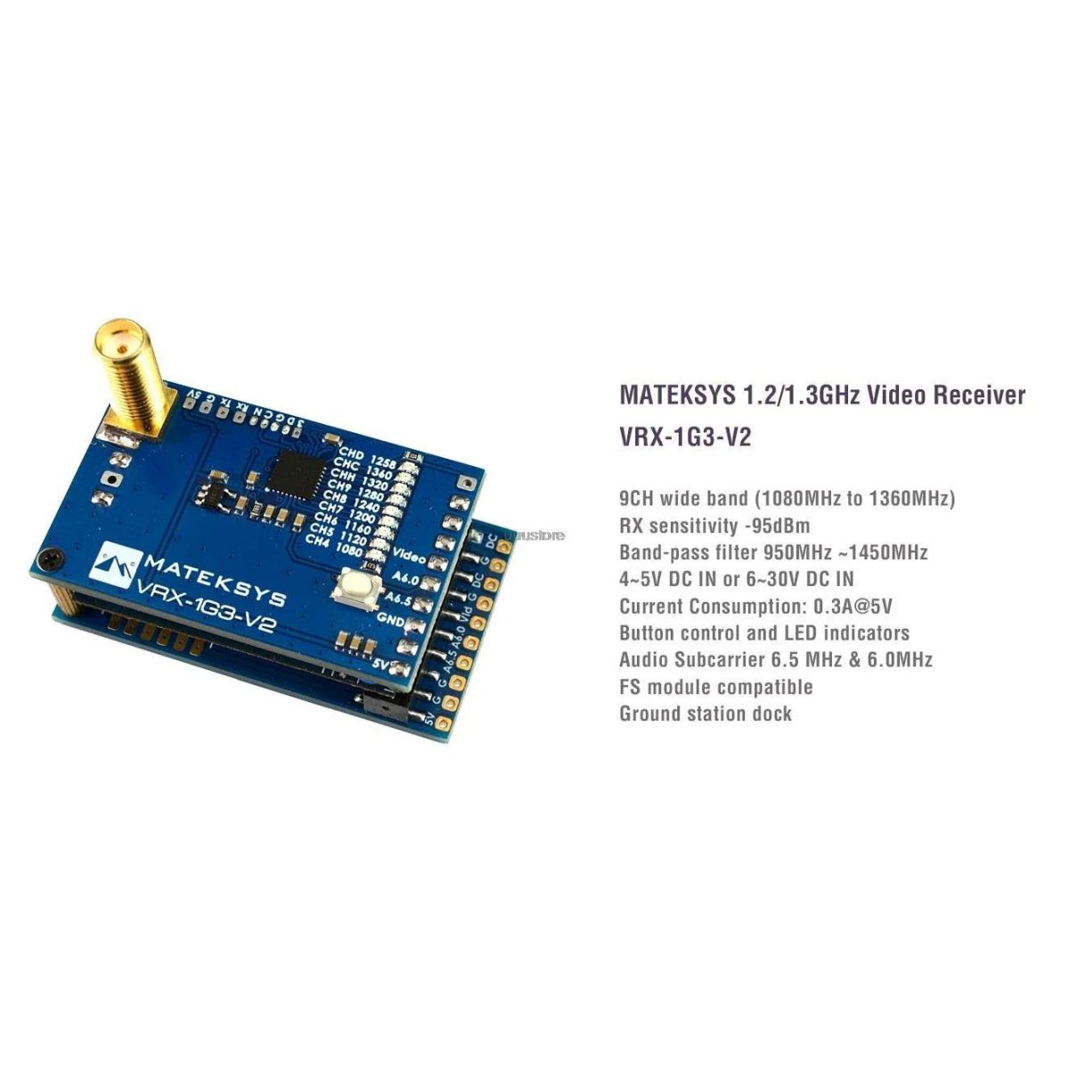 MATEKSYS VRX-1G3-V2 приёмник 1.2ГГц 9 каналов FPV для дронов, очков и мониторов дальнего действия MATEKSYS VRX-1G3-V2 приёмник 1.2ГГц 9 каналов FPV для дронов, очков и мониторов дальнего действия