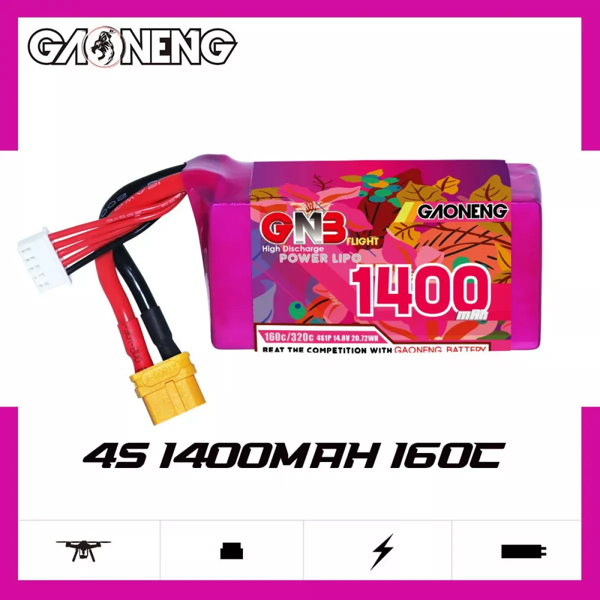 Аккумулятор Lipo GNB 4S 14.8V 1400mAh 160C/320C с разъемом XT60 для дронов Аккумулятор Lipo GNB 4S 14.8V 1400mAh 160C/320C с разъемом XT60 для дронов