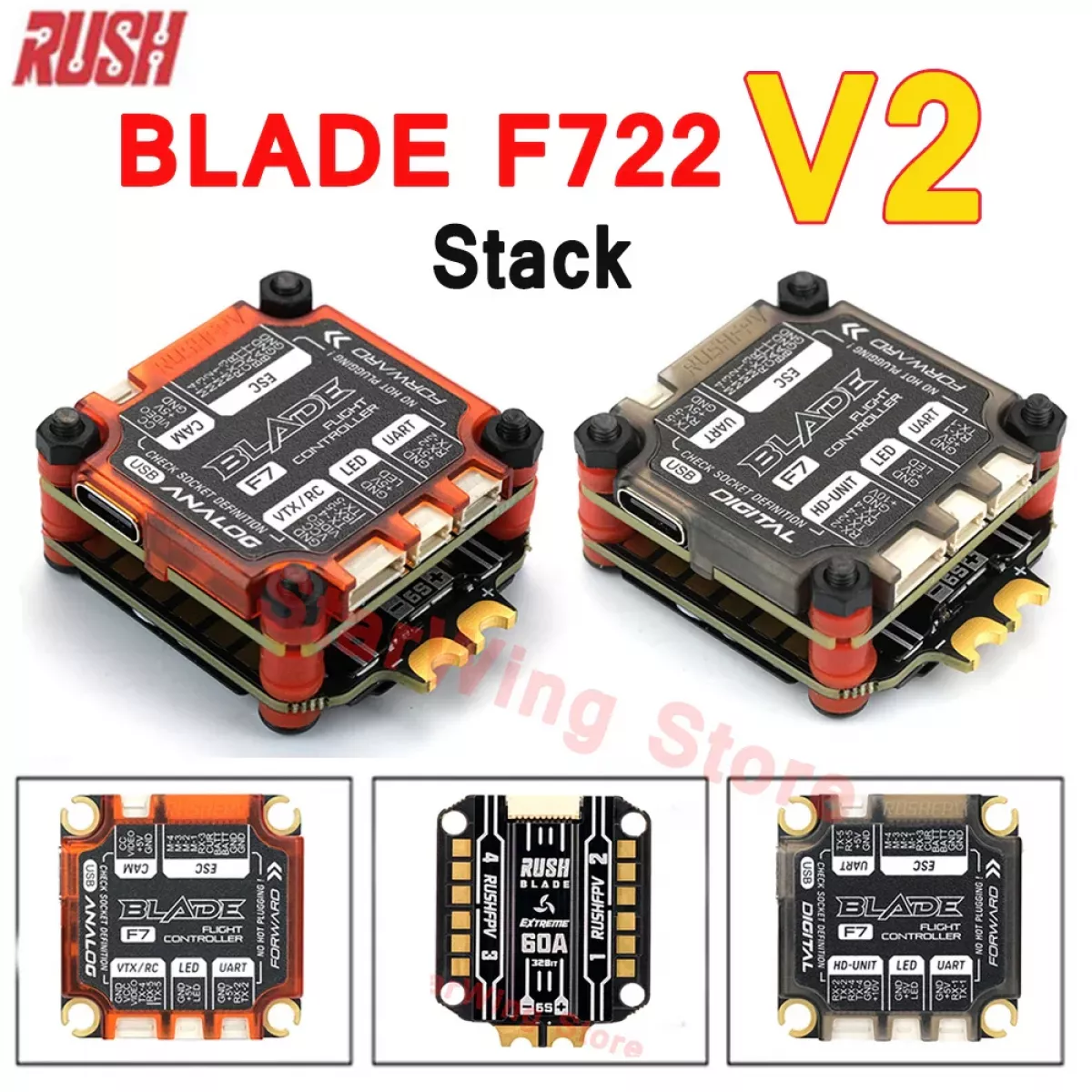 RUSHFPV RUSH BLADE V2 Stack – F722 Аналоговый/Цифровой Полетный Контроллер + 60A 128K 4в1 ESC FPV RUSHFPV RUSH BLADE V2 Stack – F722 Аналоговый/Цифровой Полетный Контроллер + 60A 128K 4в1 ESC FPV