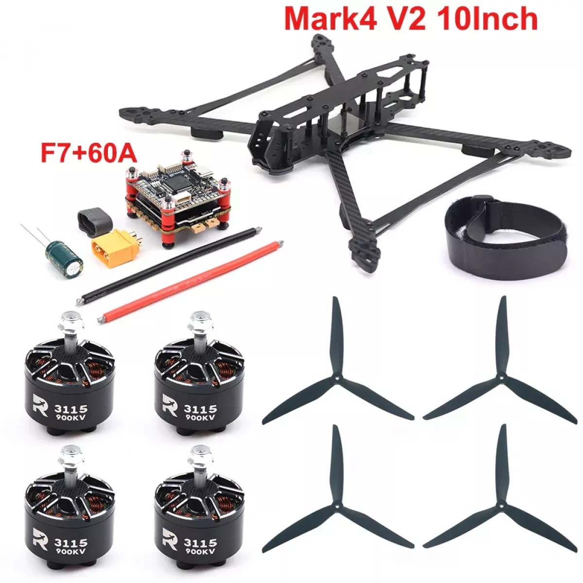 Рама Mark4 V2 10" (427 мм) FPV фристайл дрон с F7, 60A 4в1 ESC, 3115 900KV, пропеллер 1050 Рама Mark4 V2 10" (427 мм) FPV фристайл дрон с F7, 60A 4в1 ESC, 3115 900KV, пропеллер 1050