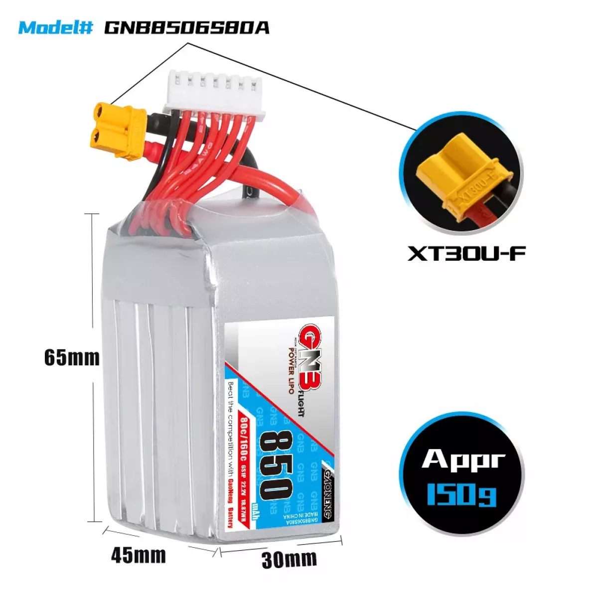 2 шт. GaoNeng GNB 6S 22.2В 850мАч 80C/160C LiPo аккумулятор для FPV гоночного дрона 2 шт. GaoNeng GNB 6S 22.2В 850мАч 80C/160C LiPo аккумулятор для FPV гоночного дрона