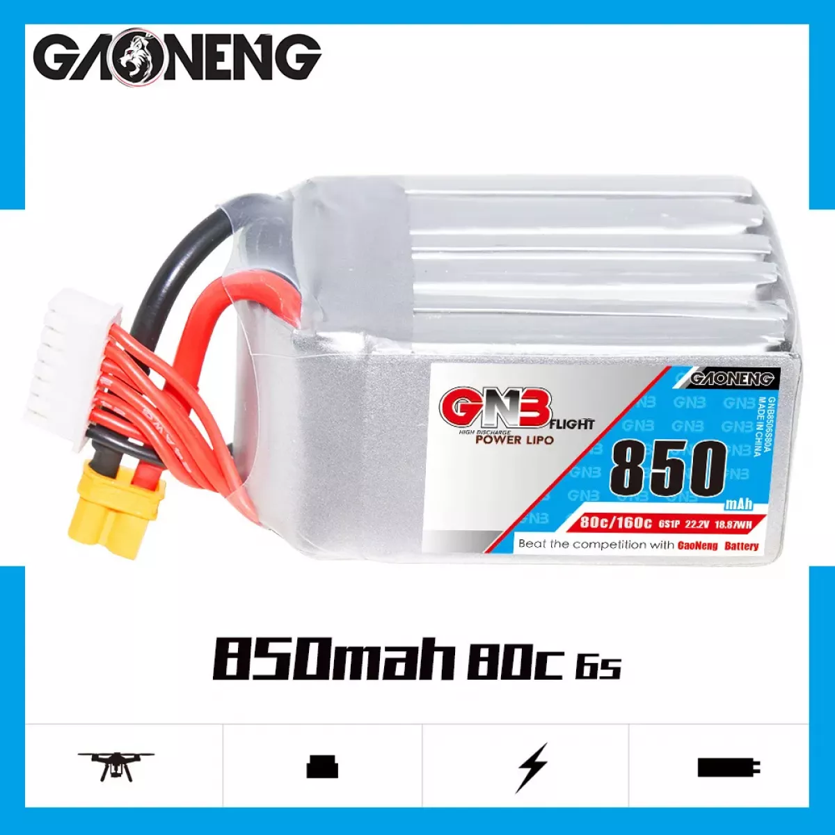 2 шт. GaoNeng GNB 6S 22.2В 850мАч 80C/160C LiPo аккумулятор для FPV гоночного дрона 2 шт. GaoNeng GNB 6S 22.2В 850мАч 80C/160C LiPo аккумулятор для FPV гоночного дрона