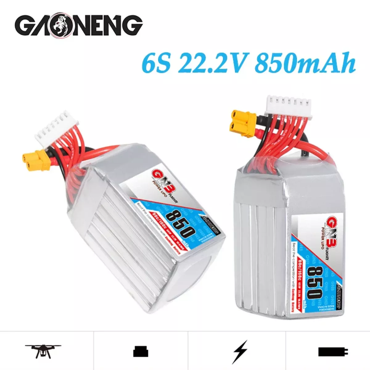 2 шт. GaoNeng GNB 6S 22.2В 850мАч 80C/160C LiPo аккумулятор для FPV гоночного дрона 2 шт. GaoNeng GNB 6S 22.2В 850мАч 80C/160C LiPo аккумулятор для FPV гоночного дрона