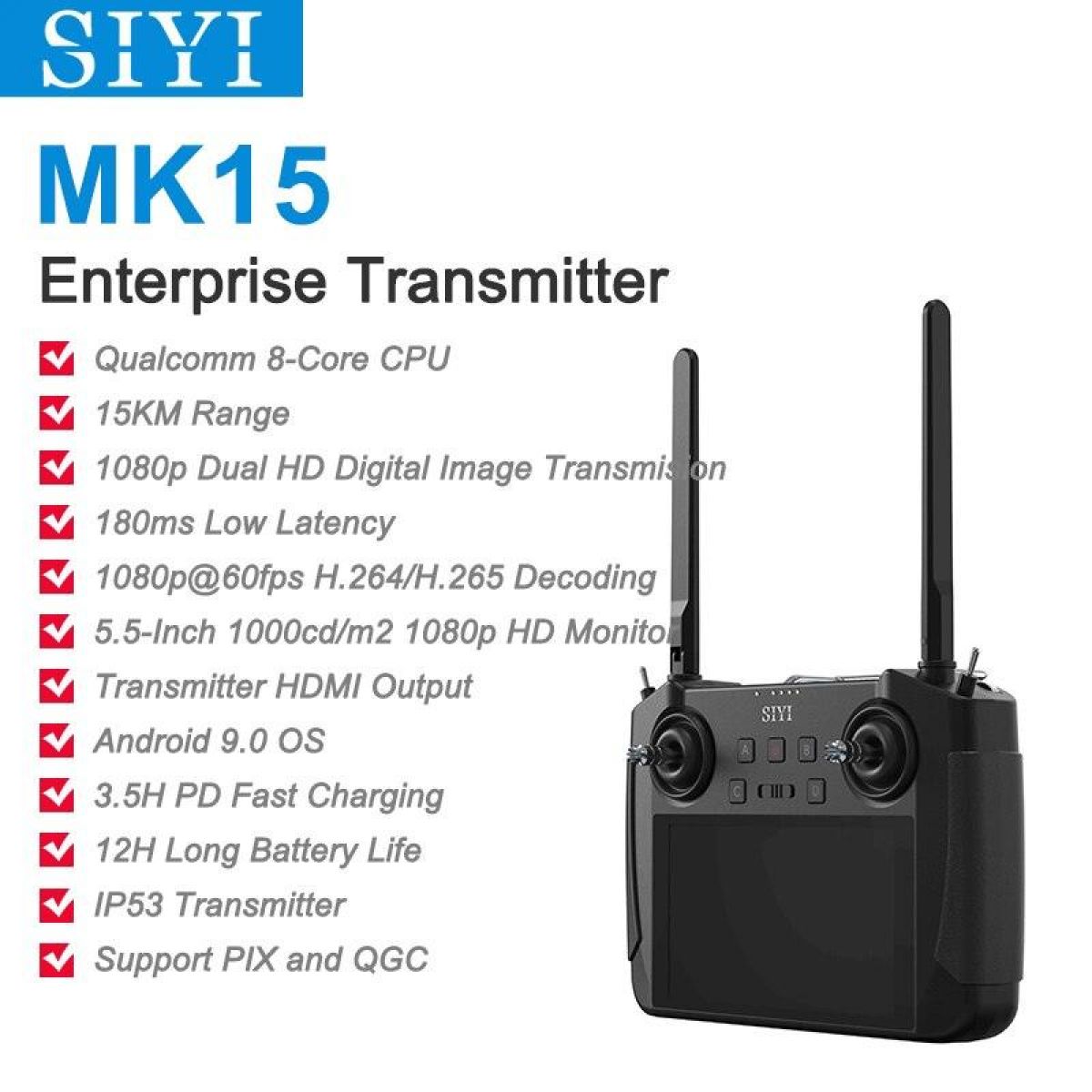 Передатчик SIYI MK15 — мини-радиосистема FPV, 15 км, 1080P, 5.5" экран, Android, 2ГБ/16ГБ Передатчик SIYI MK15 — мини-радиосистема FPV, 15 км, 1080P, 5.5" экран, Android, 2ГБ/16ГБ