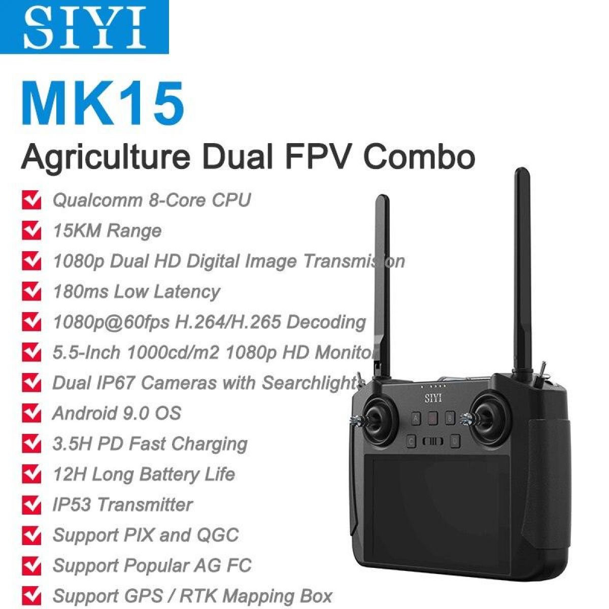 Передатчик SIYI MK15 — мини-радиосистема FPV, 15 км, 1080P, 5.5" экран, Android, 2ГБ/16ГБ Передатчик SIYI MK15 — мини-радиосистема FPV, 15 км, 1080P, 5.5" экран, Android, 2ГБ/16ГБ