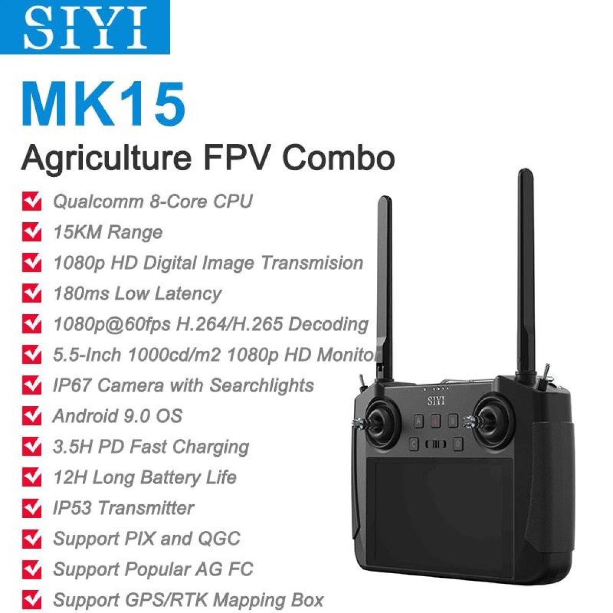 Передатчик SIYI MK15 — мини-радиосистема FPV, 15 км, 1080P, 5.5" экран, Android, 2ГБ/16ГБ Передатчик SIYI MK15 — мини-радиосистема FPV, 15 км, 1080P, 5.5" экран, Android, 2ГБ/16ГБ