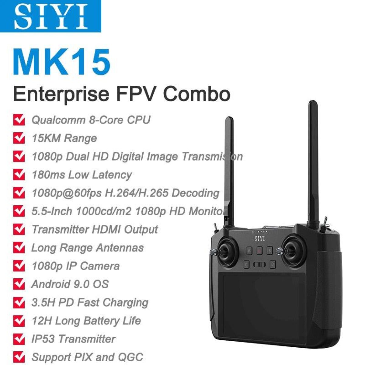 Передатчик SIYI MK15 — мини-радиосистема FPV, 15 км, 1080P, 5.5" экран, Android, 2ГБ/16ГБ Передатчик SIYI MK15 — мини-радиосистема FPV, 15 км, 1080P, 5.5" экран, Android, 2ГБ/16ГБ