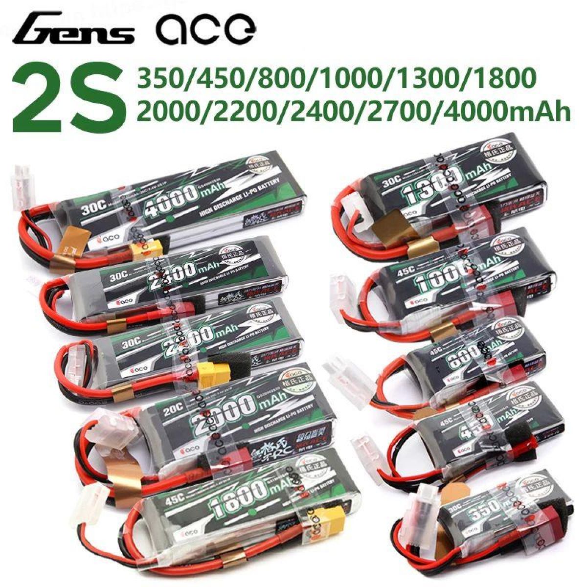 Аккумулятор Gens ACE LiPo 2S 7.4В 800–4000мАч 30C/45C с разъемом T/XT60 Аккумулятор Gens ACE LiPo 2S 7.4В 800–4000мАч 30C/45C с разъемом T/XT60