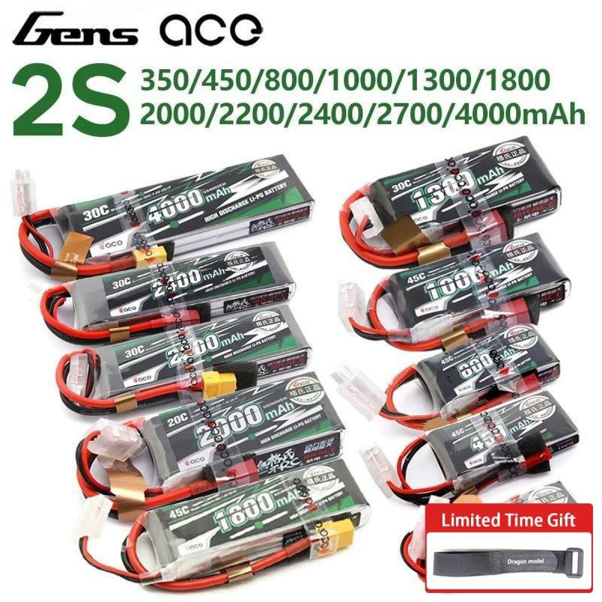 Аккумулятор Gens ACE LiPo 2S 7.4В 800–4000мАч 30C/45C с разъемом T/XT60 Аккумулятор Gens ACE LiPo 2S 7.4В 800–4000мАч 30C/45C с разъемом T/XT60