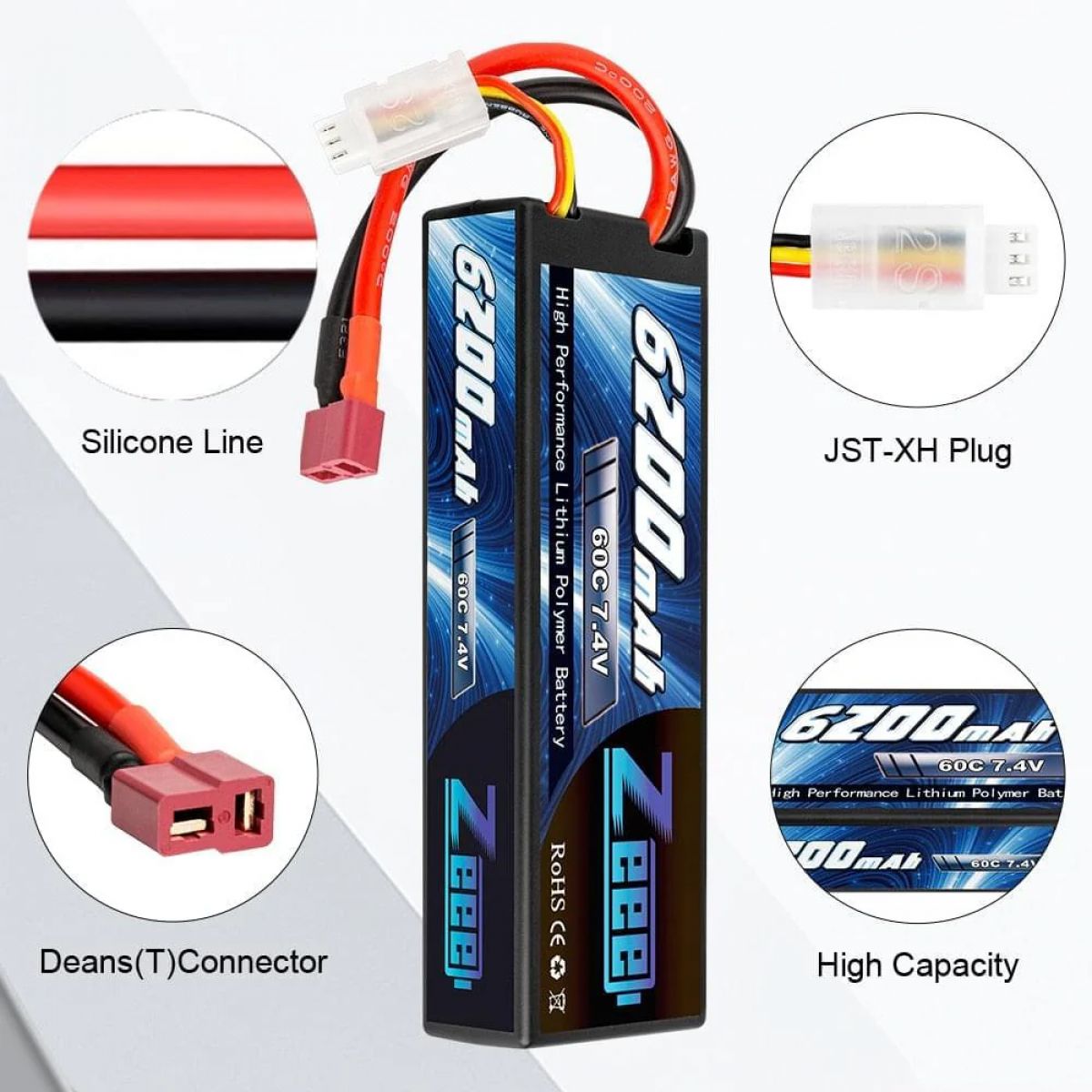 1/2шт Zeee 7.4V 60C 6200mAh LiPo аккумулятор Deans 2S Hardcase для RC авто, грузовика, лодки 1/2шт Zeee 7.4V 60C 6200mAh LiPo аккумулятор Deans 2S Hardcase для RC авто, грузовика, лодки