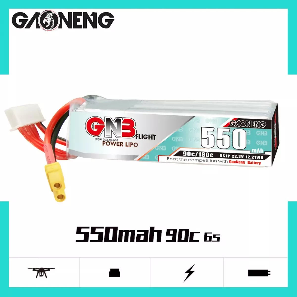 Аккумулятор LiPo GNB 6S 22.2В 550мАч 90C/180C для квадрокоптера, комплект 3 шт. Аккумулятор LiPo GNB 6S 22.2В 550мАч 90C/180C для квадрокоптера, комплект 3 шт.